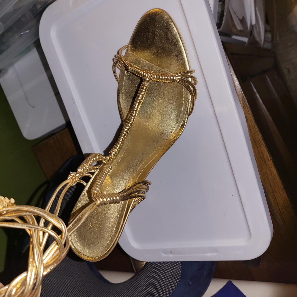 SCHUTZ Gold Sandals with Intricate Metallic Straps